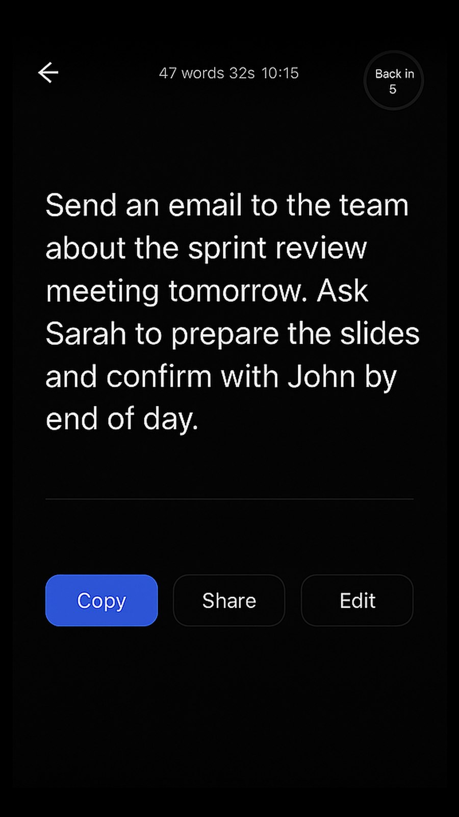 Say2Go Android — transcription result with Copy, Share and Edit actions