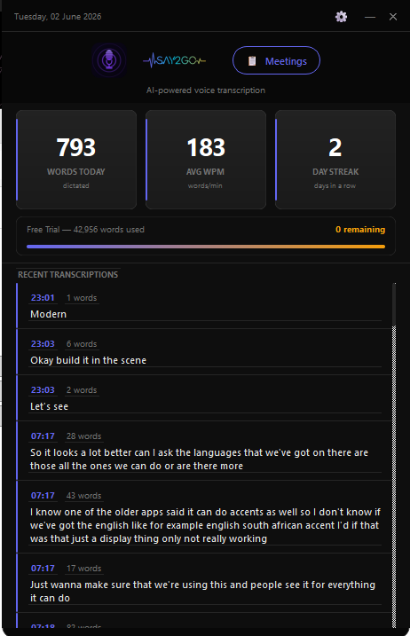 Say2Go for Windows — dashboard showing words dictated today, average words per minute, day streak, and recent transcriptions